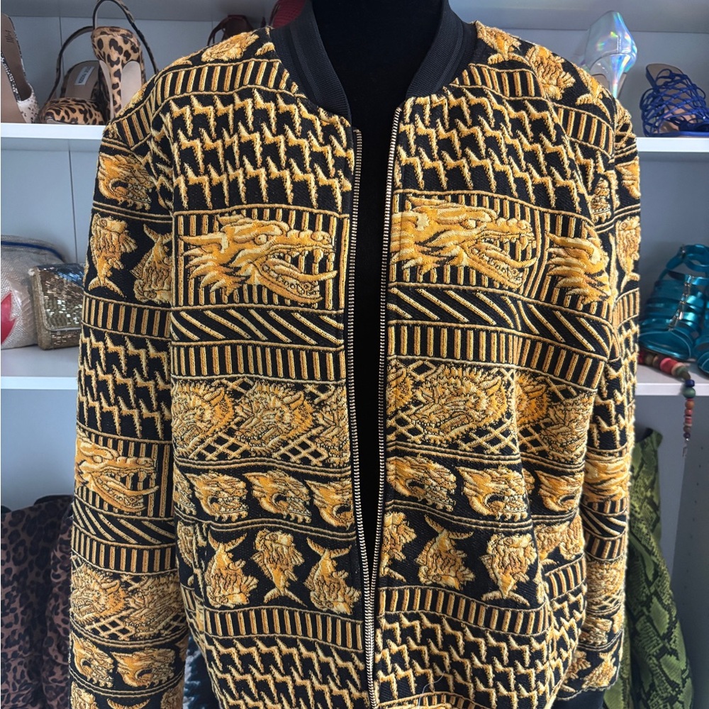 Zara Black and Gold Patterned Bomber Jacket